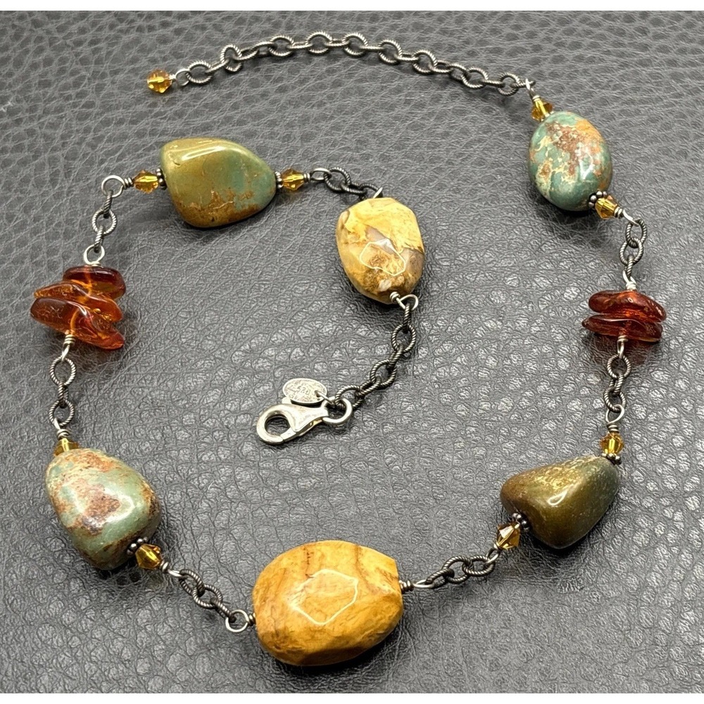 Vintage Silpada Sterling Silver Beaded Necklace Golden Amber Turquoise Nuggets